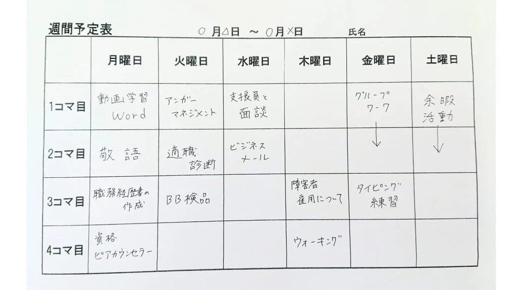 就労移行支援　週間予定表